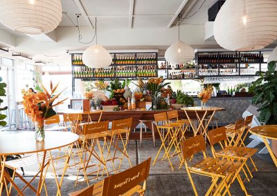 Bar tables chairs Clicquot Beach Hut at Bondi Beach event