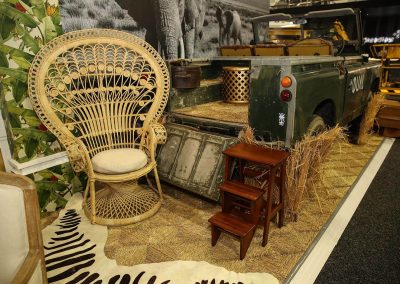 Display vintage car rotan chair Dual Australia Exhibition Stand Safari Glam