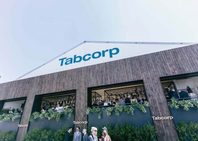 Guests talking Tabcorp Birdcage Marquee Alfresco Cafe
